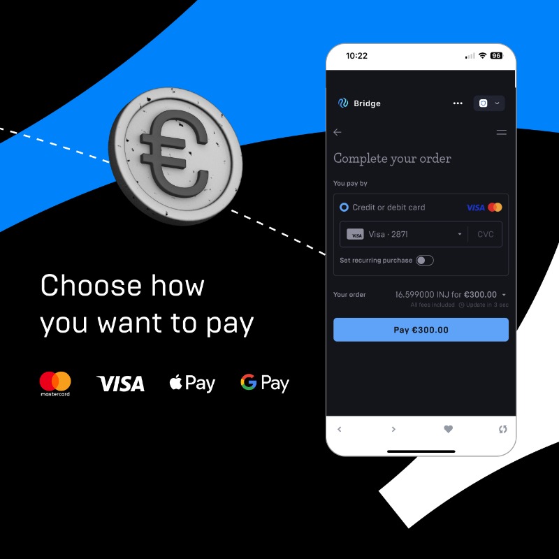 Mercuryo_io's tweet photo. Buy crypto in a breeze with @Injective Bridge. 

In just a few clicks, connect your wallet, pick your favorite token, and pay with a credit card, Apple Pay, or Google Pay. Your funds will be available in as little as 15 seconds — fast, secure, and hassle-free.