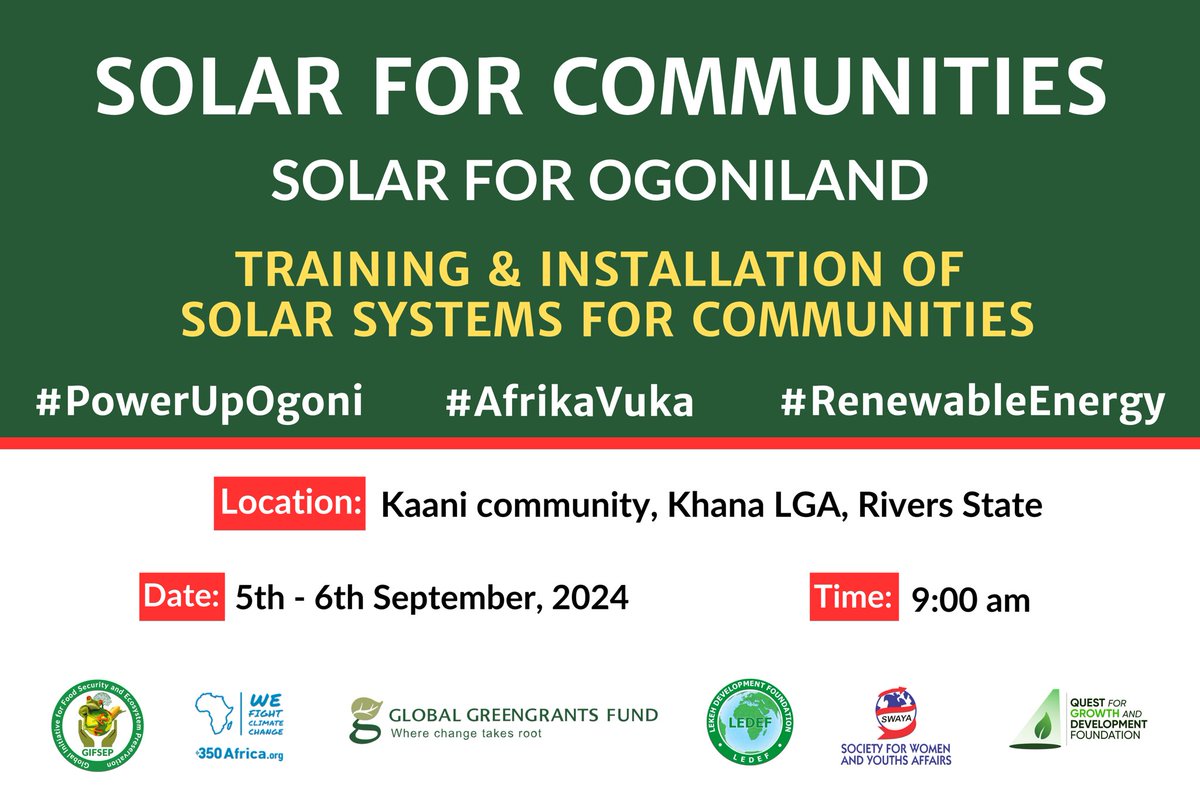 TerrenceMJ's tweet photo. Last week, @gifsep4climate, through her #Solar4Communities initiative, powered Kaani community in Khana LGA, Ogoniland with sustainable solar solutions, reducing pollution and promoting energy independence. Thanks to @350Africa and @GreengrantsFund
#RenewableEnergy #Solar https://t.co/xPCxXFr39c