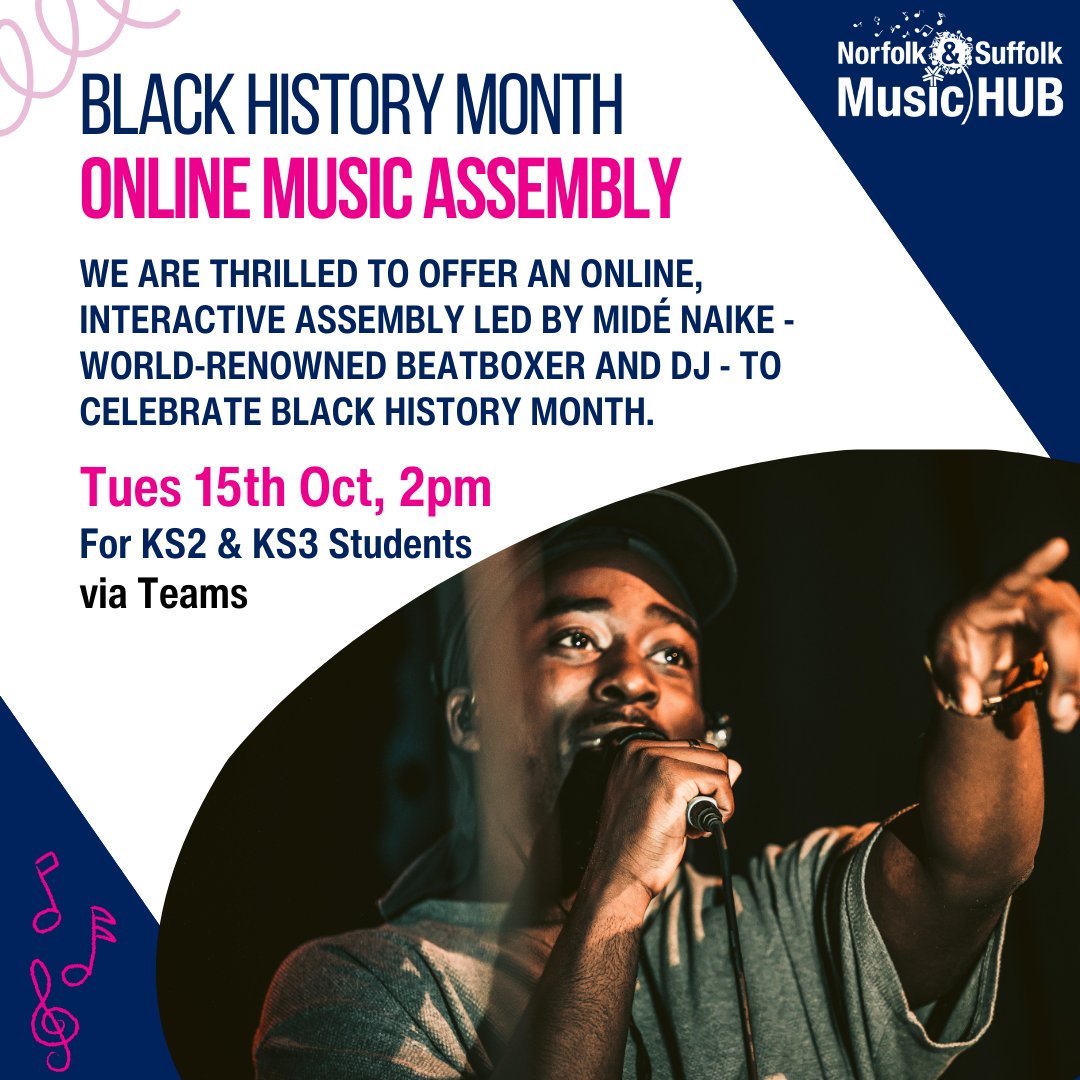 Pupils across Norfolk &amp; Suffolk are invited to join us for an Online Music Assembly led by Midé Naike, world-renowned beatboxer and DJ, to celebrate Black History Month! 

Join us on Tuesday 15th October to learn about beatboxing &amp; stage presence 🎶

➡️ buff.ly/4dXNNFM