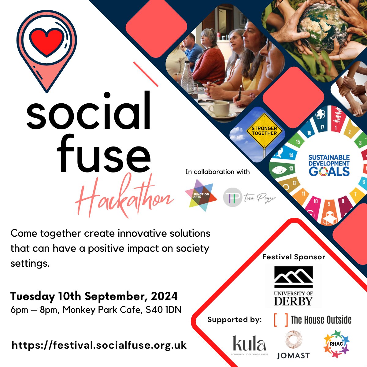 Kakou (@kakoutechuk) on Twitter photo Tonight at @MonkeyParkCIC - SocialFuse Hackathon!
We invite you to come and create innovative solutions exploring problems around 'space' in Chesterfield that will have a positive impact.
No need to book - just turn up!
festival.socialfuse.org.uk
@JunctionArtsUK <a href="/TinaPoyzer/">Tina Poyzer</a> Tonight at @MonkeyParkCIC - SocialFuse Hackathon!
We invite you to come and create innovative solutions exploring problems around 'space' in Chesterfield that will have a positive impact.
No need to book - just turn up!
festival.socialfuse.org.uk
@JunctionArtsUK <a href="/TinaPoyzer/">Tina Poyzer</a>