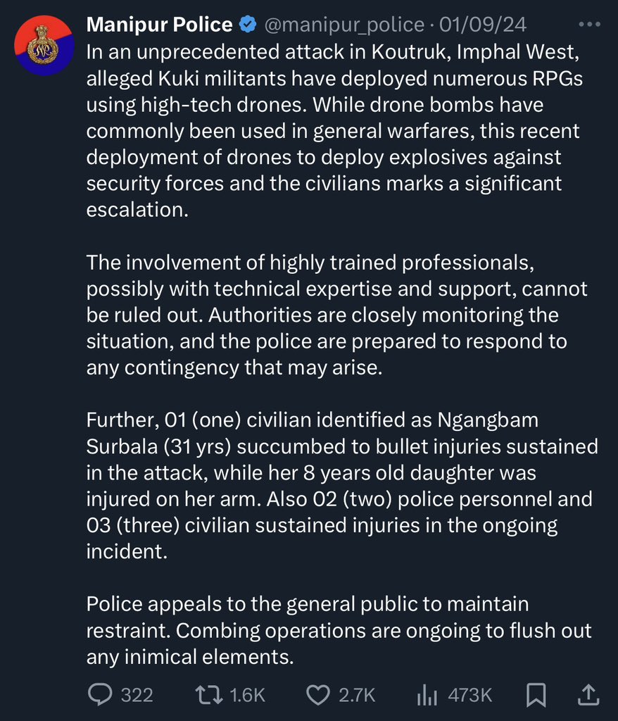 RojenTweet's tweet photo. Press Briefing by IGP (ops), IK MUIVAH: Deploying RPGs using high tech drones by Kuki Militants leading to death of a woman and injuring many other civilians.

#kukiterrorist #DroneAttack #KukiWarCrimes #KukiTerroristsAttack #PCNair #SaveManipur https://t.co/pBTIPsA9hB