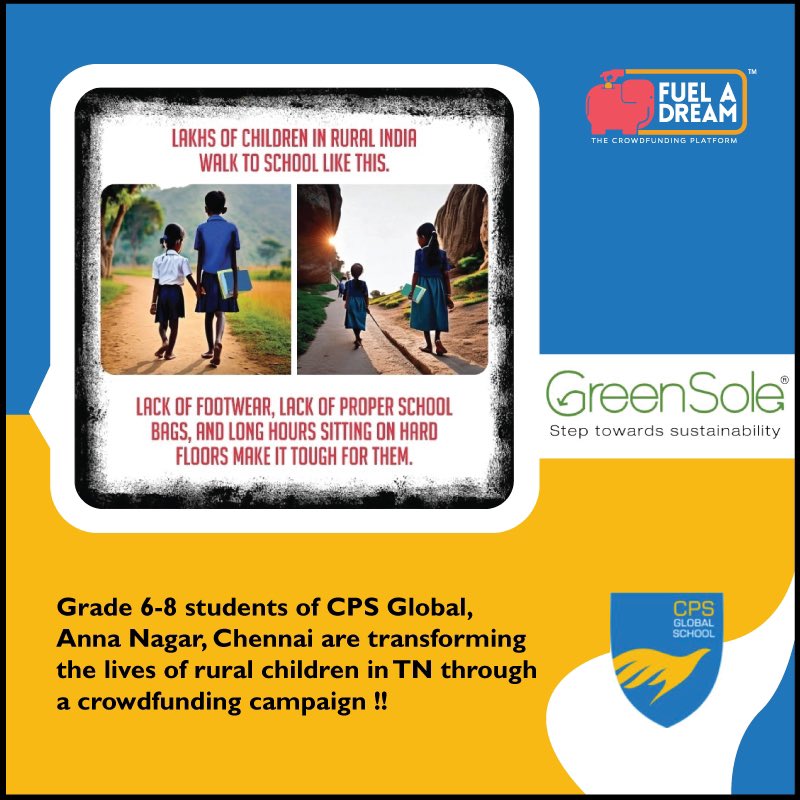 fueladream's tweet photo. Kudos to the students from CPS Global, Anna Nagar! Their campaign will make a real difference in the lives of 1000+ students in rural Tamil Nadu. 
 #CPSGLOBALANNANAGAR  #Greensole https://t.co/09l0BbT0VX