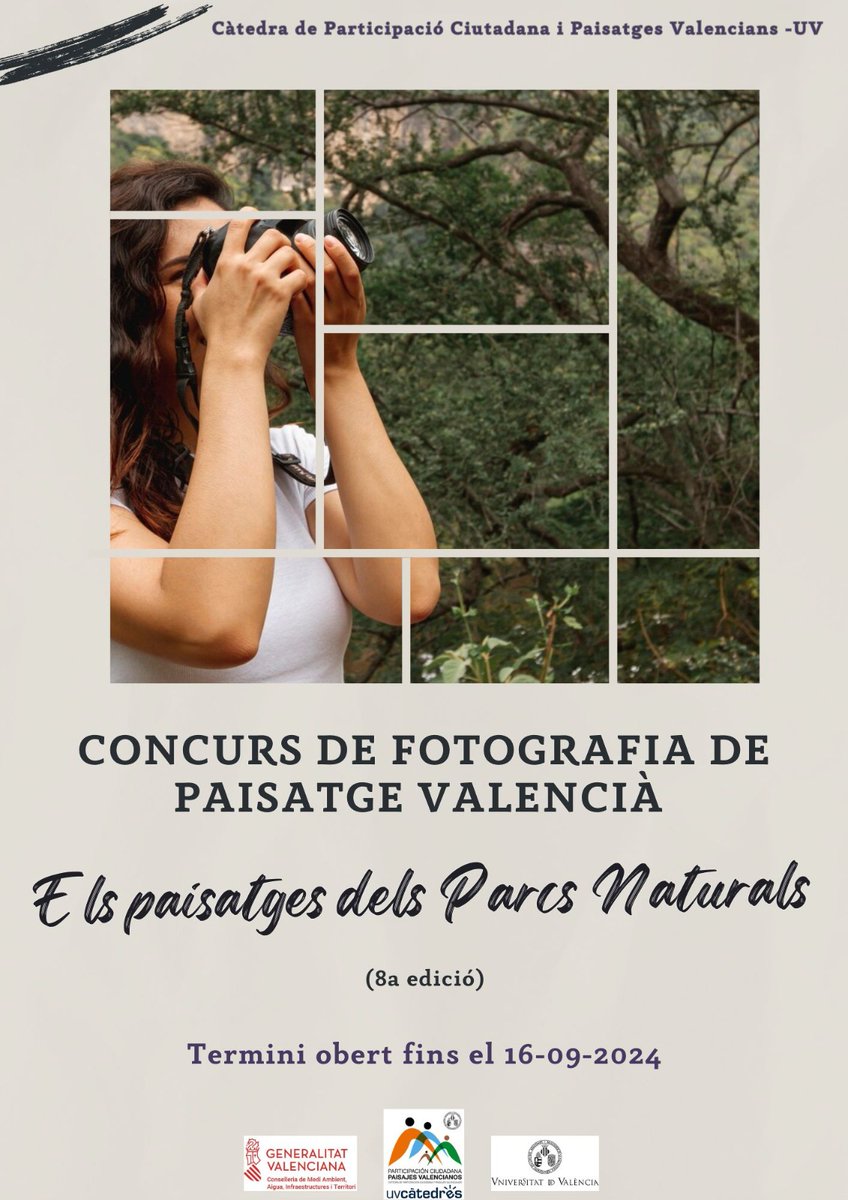 S'acosta el termini per a participar al Concurs de fotografia “Els paisatges dels Parcs Naturals”. Recordeu que teniu fins dilluns 16 de setembre. 
Bases en: uv.es/catedra-paisaj… 
#catedrapaisatges #paisatgesvalencians