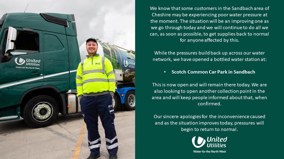 United Utilities (@unitedutilities) on Twitter photo ⚠️We're aware that some customers in the #Sandbach area are experiencing low pressure. The latest update can be found here: unitedutilities.com/emergencies/up…⚠️ ⚠️We're aware that some customers in the #Sandbach area are experiencing low pressure. The latest update can be found here: unitedutilities.com/emergencies/up…⚠️