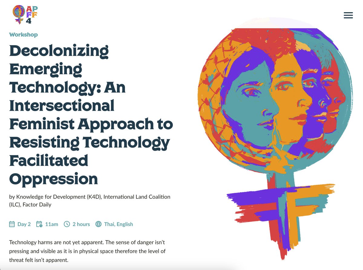 opendevthai's tweet image. Join us for an essential workshop at the #APFF2024: &quot;Decolonizing Emerging Technology: An Intersectional Feminist Approach to Resisting Technology-Facilitated Oppression&quot; ✨
🗓️ Sep 13, 2024
🕒 11:00 AM (2 hrs)
📍 Empress Convention Center, Chiang Mai
#TechJustice #DecolonizeTech