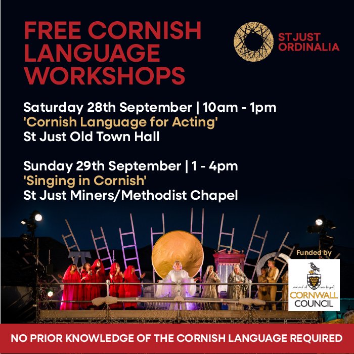 We are holding a weekend of FREE workshops this September for anyone who is interested in exploring acting and singing in the Cornish Language.
These workshops were made possible thanks to Cornwall Council.
Find out more:
buytickets.at/stjustordinalia