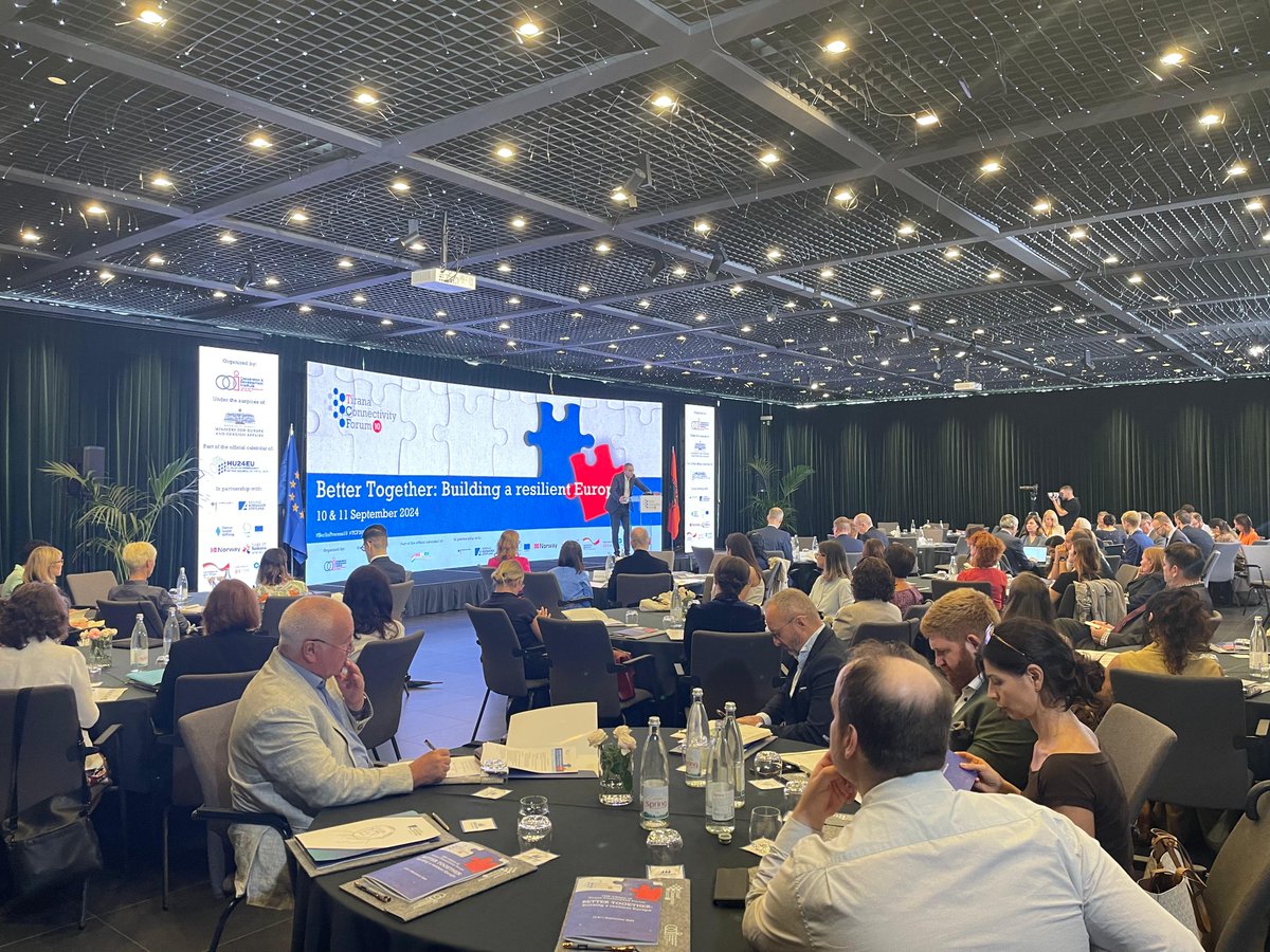 CDIAlbania's tweet photo. The 🔟th edition of Tirana Connectivity Forum has officially kicked off. 🚀

Delighted to announce the distinguished speakers 🎙️opening #TCF2024: 

🔷Ardian Hackaj, #TCF Coordinator @CDIAlbania 
🔷Igli Hasani, @AlbanianDiplo 

#BerlinProcess10 #TCF2024 https://t.co/MX8v76PnKj