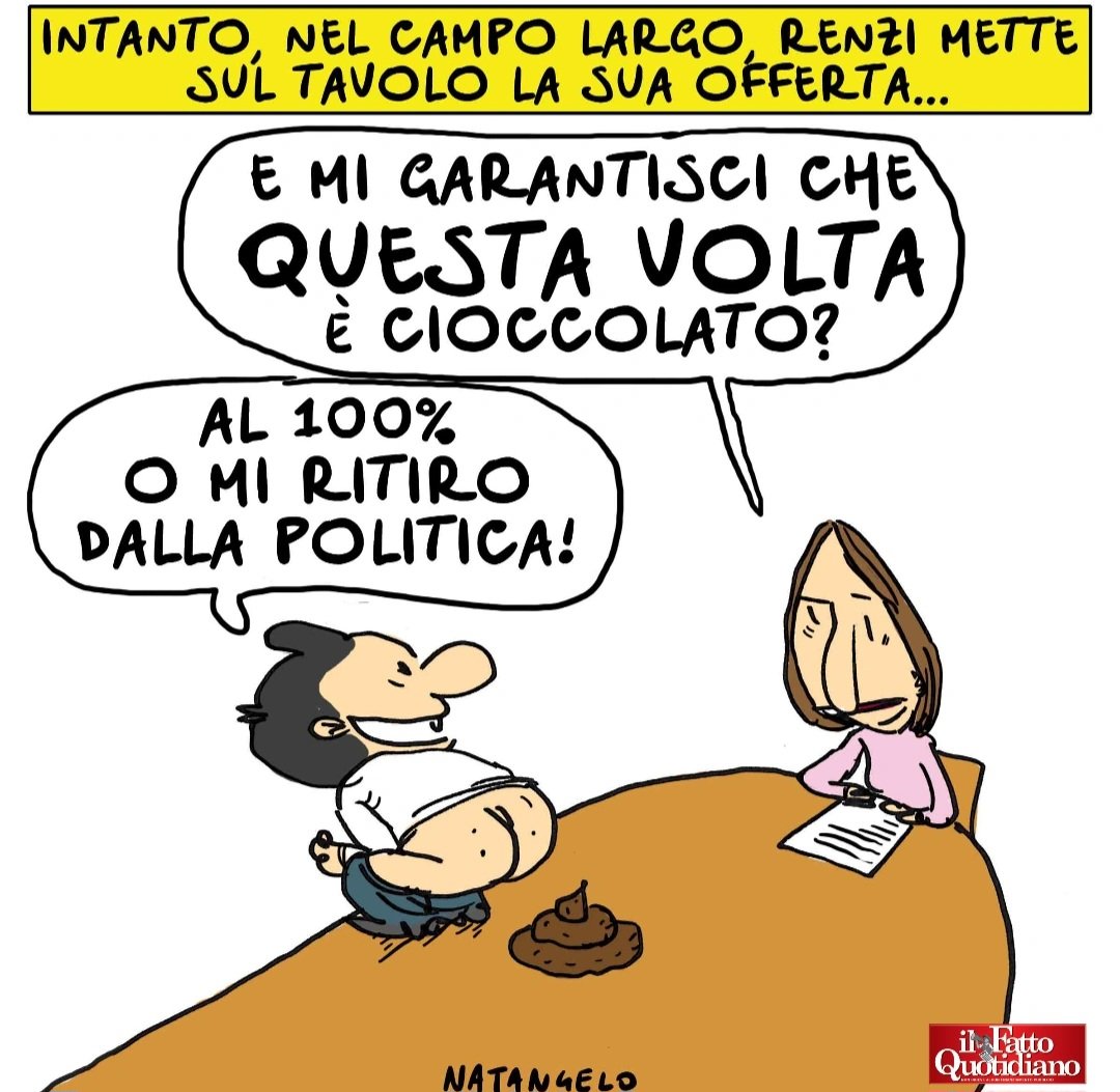 Questa volta - la mia vignetta per la prima pagina de Il Fatto Quotidiano oggi in edicola!

#renzi #italiaviva #schlein #pd #vignetta #fumetto #memeitaliani #umorismo #satira #humor #natangelo