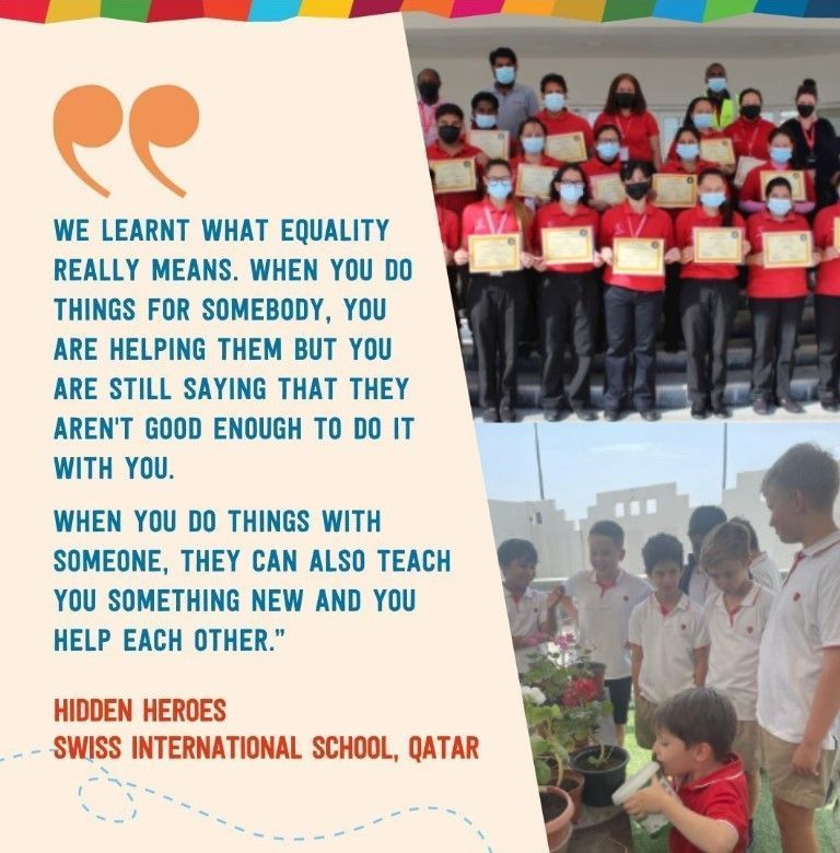 FutureFound's tweet image. #GlobalGoalsWeek is approaching! Let's celebrate #SDG10: Reduced Inequalities. "The Hidden Heroes" from @SISQdoha, Qatar set an example of inclusivity by fostering interaction among children and support staff. Learn more here 👉 buff.ly/3yZGtKQ #Equality #Inclusion