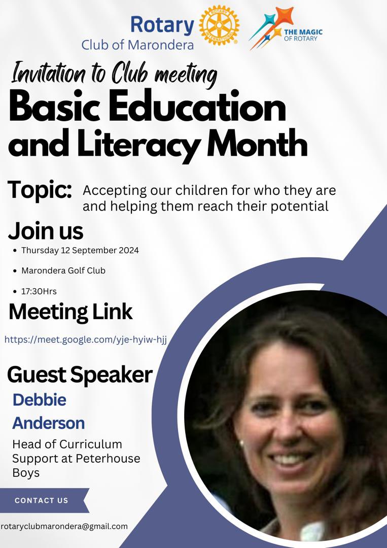 September is Basic Education and Literacy month. Join us on Thursday 12 September 2024.
#educationandliteracy #rotarymagic #serviceaboveself #peopleofaction #rotary

Meeting link
meet.google.com/yje-hyiw-hjj
