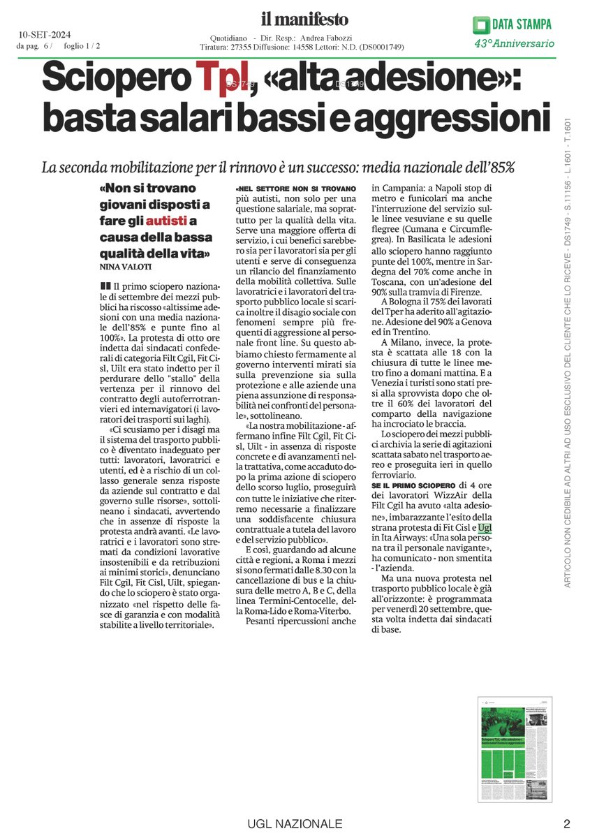 UGLConf's tweet photo. Sulle principali testate giornalistiche lo sciopero dei trasporti. I sindacati: adesioni all'85%, "Salari bassi e rischi aggressioni".
#citazioniugl @Autoferro_Ugl https://t.co/tsd6VDLPY0