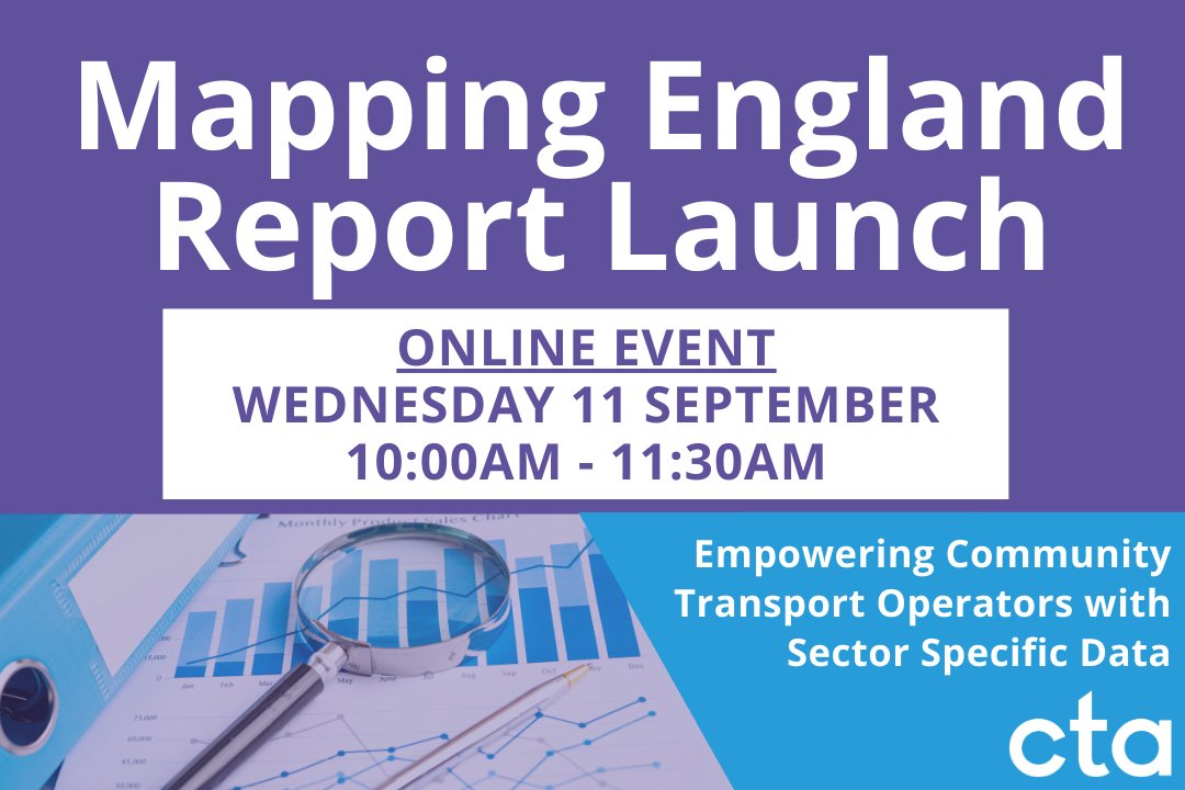 Join us tomorrow for the Mapping England Report Launch! Discover the latest insights into #CommunityTransport in England. Nick Mills, our Research and Insight Manager, will present our findings and discuss future opportunities. 

Register now! member.ctauk.org/civicrm/event/…