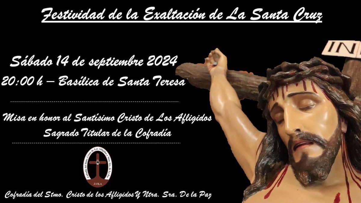 Sábado 14 de Septiembre 2024, misa por la festividad de la Exaltación de La Santa Cruz.
⏰20:30
📍 Basílica de Santa Teresa