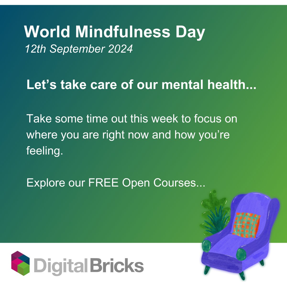 DigitalBricksHQ's tweet photo. 12 September is #WorldMindfulnessDay. We're offering 2 FREE online 'Lunch &amp; Learn' webinars on Mental Health &amp; Burnout &amp; Mindfulness &amp; Wellbeing @ Work this week!

- Mental Health &amp; Burnout 10 Sep 12-1pm

- Mindfulness &amp; Wellbeing @ Work 12 Sep 12-1pm
➡️https://t.co/kIZm17pc1e https://t.co/gUpHuEWasX