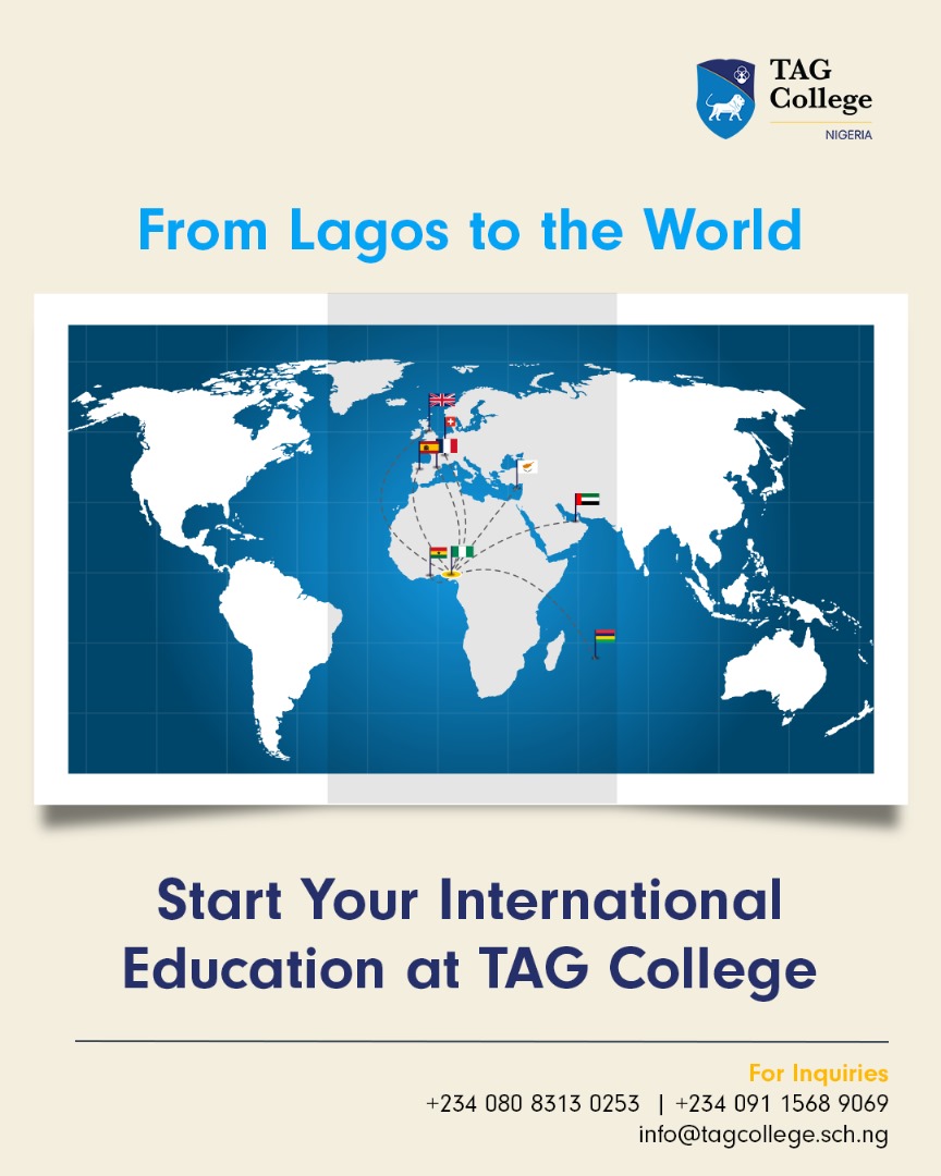 🚀 From Lagos to the World! 🌍 Start your journey towards an international education with TAG College. 

Your global future begins here.​

​For Inquiries:​
📞+23409115689069  ​
📩 info@tagcollege.sch.ng​

#​TAGCollege #StudyAbroad #InternationalStudies #EducationJourney