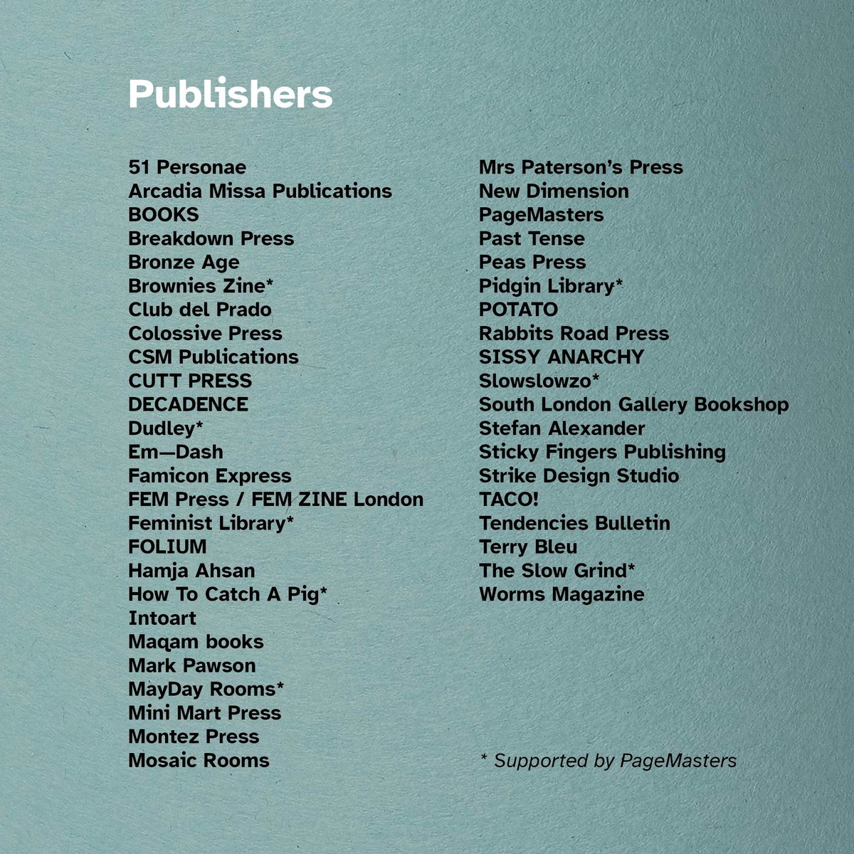 ColossivePress's tweet photo. Saturday and Sunday: Hotfoot it to @SLG_artupdates for the #Pagemasters #Zine Fair. We'll be there, alongside lots of other amazing publishers and creators, so please come along and buy loads of stuff. 

Or, at the very least, say hello and take a free Colossive Manifesto... 2/2 https://t.co/A1js3Md7Db
