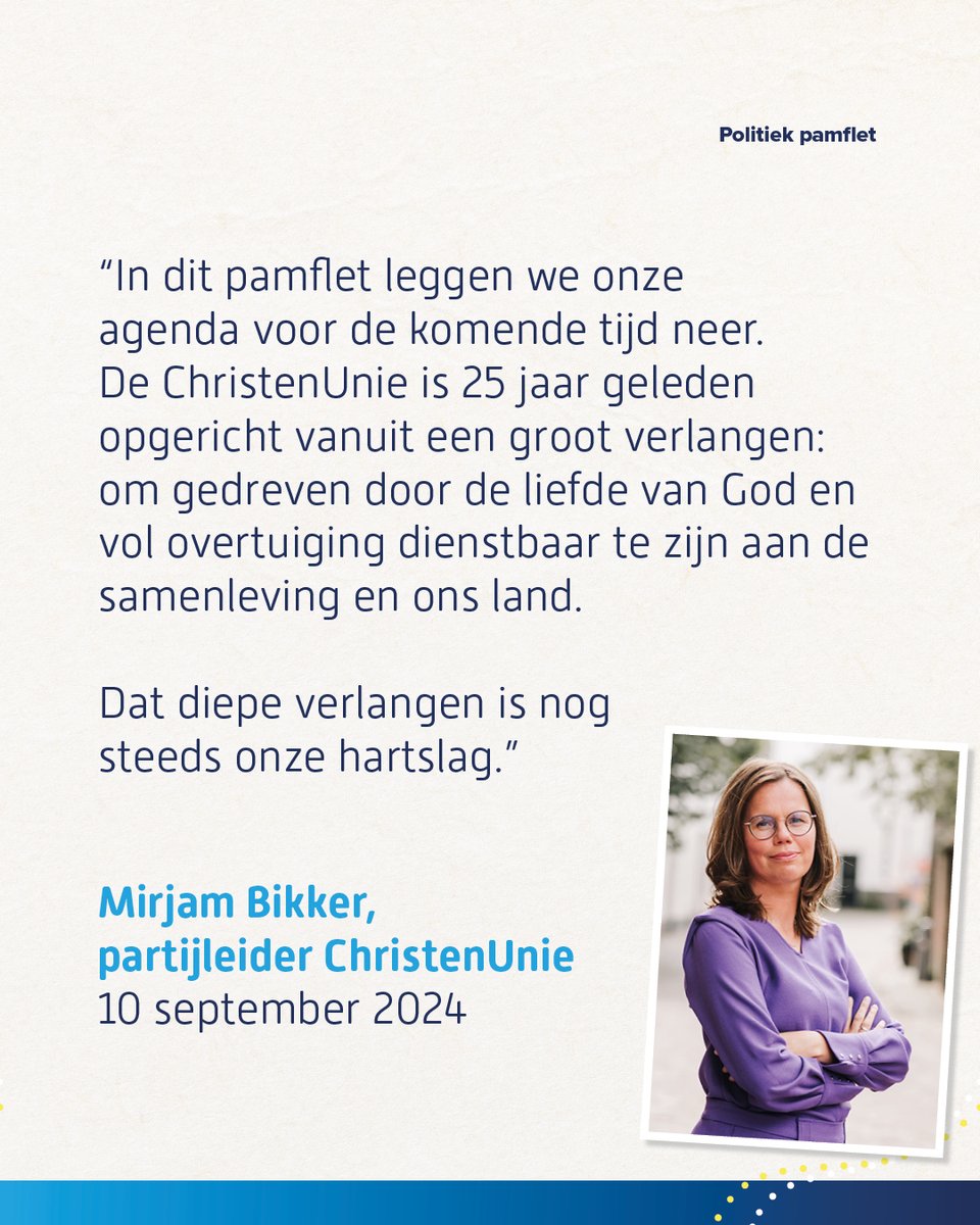christenunie's tweet image. Drie speerpunten. Eén verhaal.
'Het diepe verlangen om gedreven door Gods liefde de samenleving te dienen is ook na 25 jaar nog altijd onze hartslag.’ 

Meer weten? Ga naar christenunie.nl/koers.

#hoopvollekoers #ChristenUnie #politiekpamflet