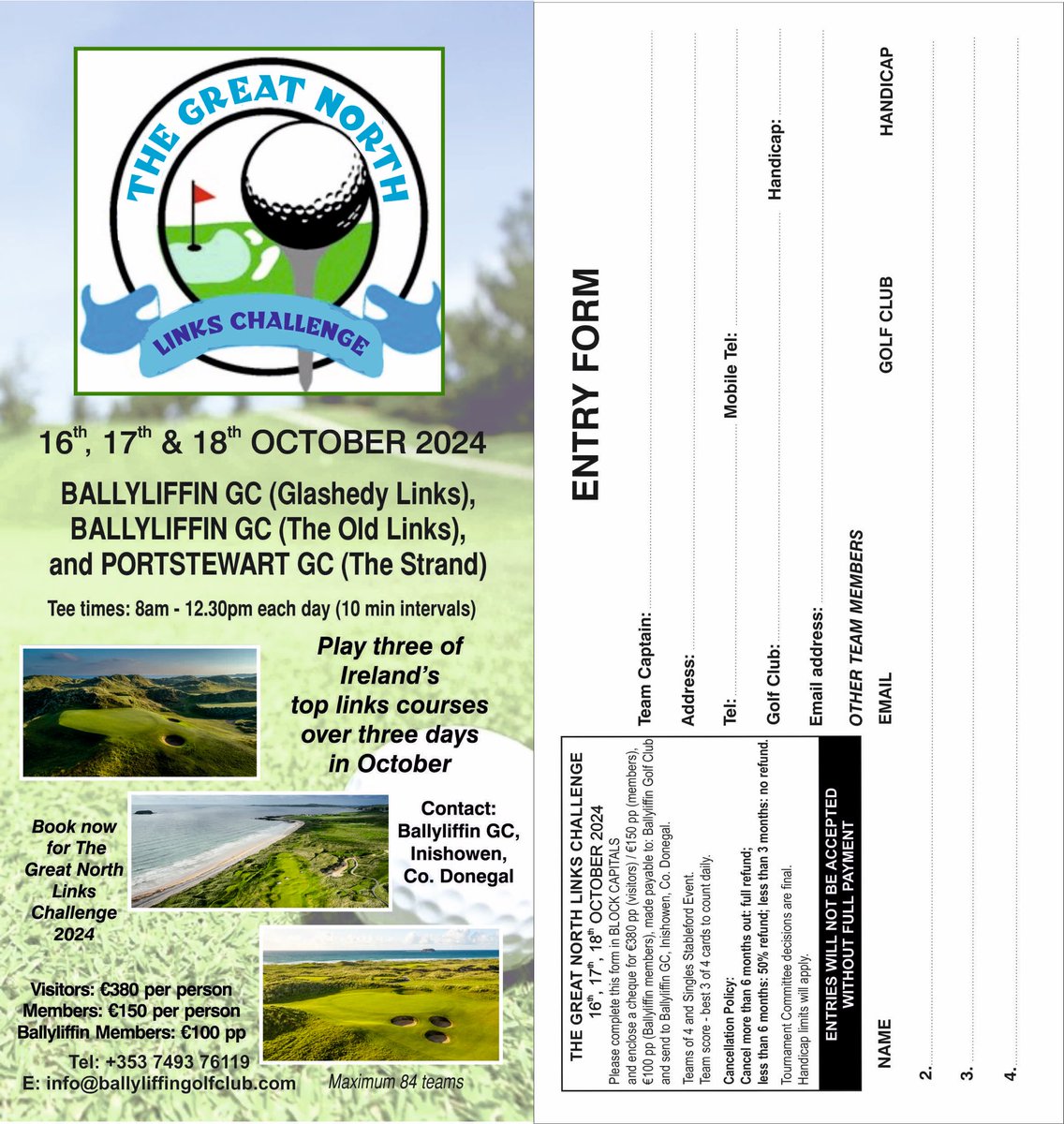 Great North Links Challenge 2024
October 16,17,18 Ballyliffin x2 and Portstewart- Contact Ballyliffin to book your team in.