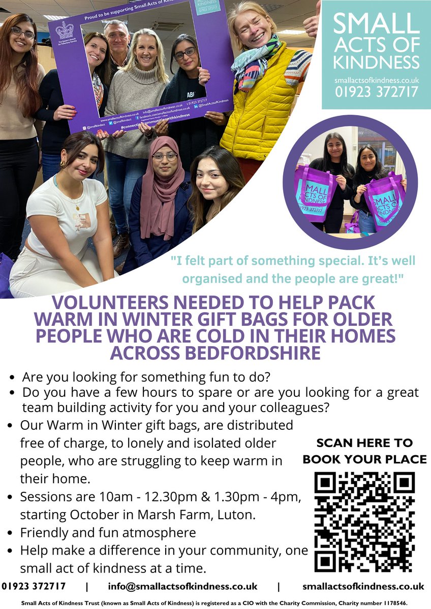 Luton Libraries Well & Wise (@lutonwellwise) on Twitter photo This October <a href="/smallkindact/">SmallActsofKindness</a> are looking for volunteers in Luton to help pack their Warm in Winter gift bags.
A great opportunity to give back to your local community!
Full details below:
eventbrite.co.uk/e/warm-in-wint…
<a href="/LutonLibraries/">Luton Libraries</a> <a href="/LutonTotal/">LutonTotal</a> <a href="/lutoncouncil/">Luton Council</a>
#Luton #Volunteering This October <a href="/smallkindact/">SmallActsofKindness</a> are looking for volunteers in Luton to help pack their Warm in Winter gift bags.
A great opportunity to give back to your local community!
Full details below:
eventbrite.co.uk/e/warm-in-wint…
<a href="/LutonLibraries/">Luton Libraries</a> <a href="/LutonTotal/">LutonTotal</a> <a href="/lutoncouncil/">Luton Council</a>
#Luton #Volunteering