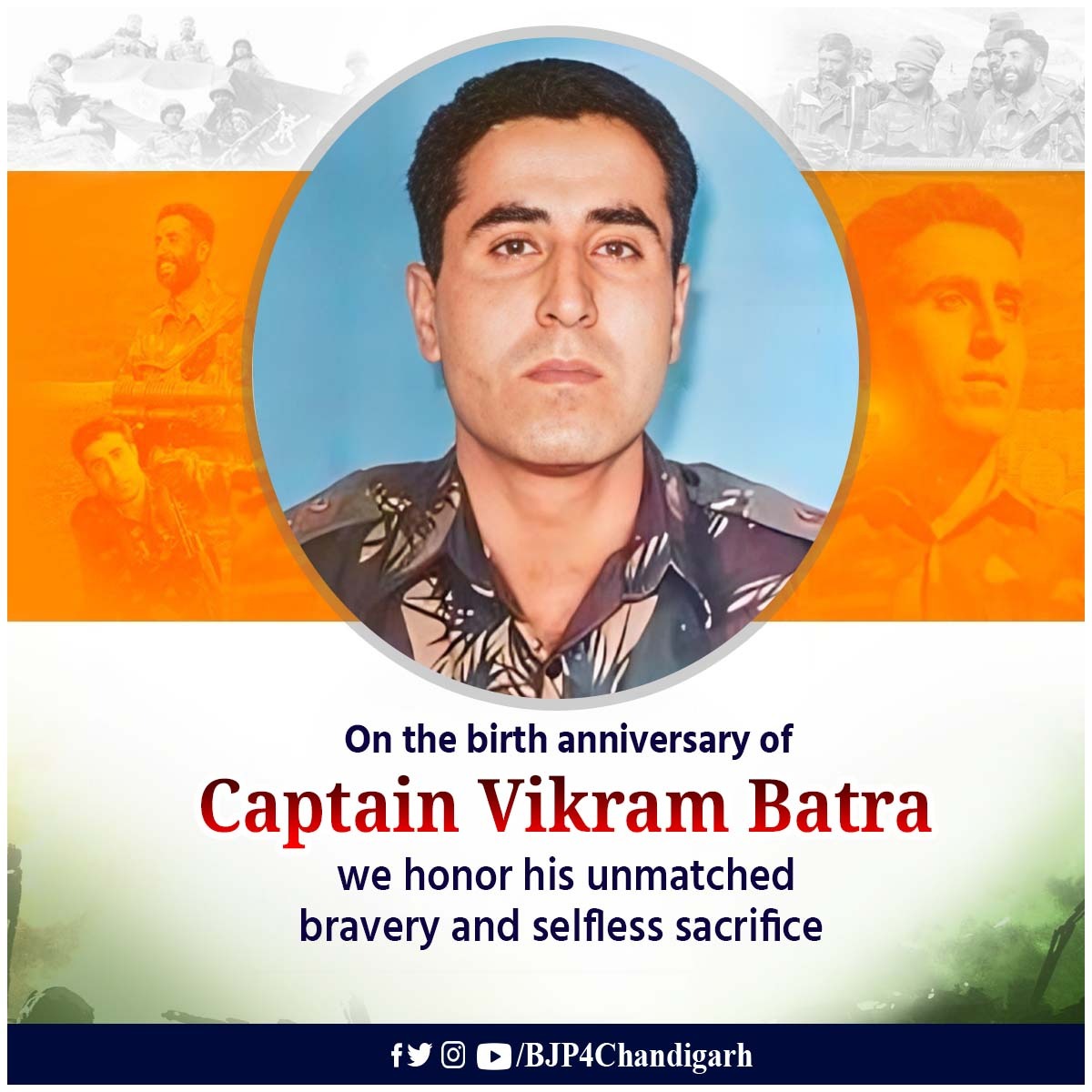 BJP4Chandigarh's tweet photo. *"Remembering Captain Vikram Batra on his birth anniversary, a true symbol of courage and sacrifice. 🇮🇳 #Braveheart #CaptainVikramBatra #HeroForever"* https://t.co/cbmtBWaEuh