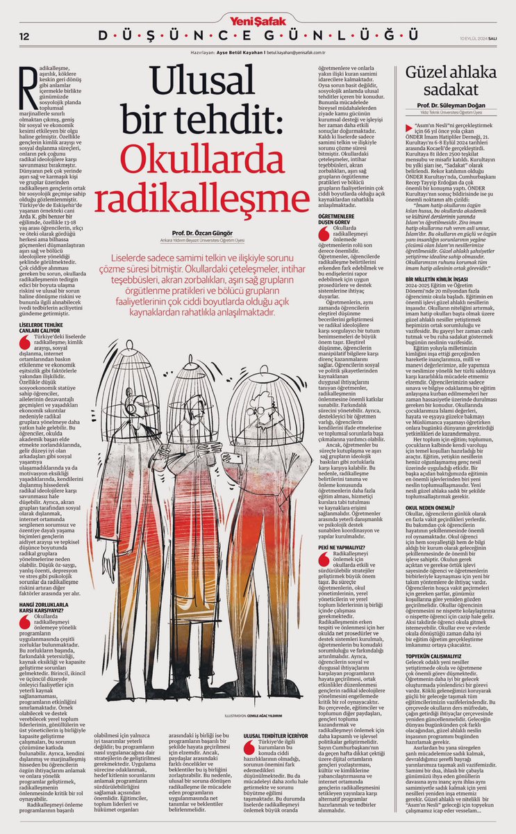 Yenişafak gazetesi #düşüncegünlüğü sayfasında okullarda radikalleşme konusunu yazdım. 
Eğitim/öğretimin yeni başladığı şu günlerde konuyu gündeme taşıma imkanı verdikleri için <a href="/abetulkayahan/">Ayşe Betûl Kayahan</a> ve <a href="/yenisafak/">Yeni Şafak</a> gazetesine teşekkür ediyorum. 
İlgilisine link: yenisafak.com/dusunce-gunlug…