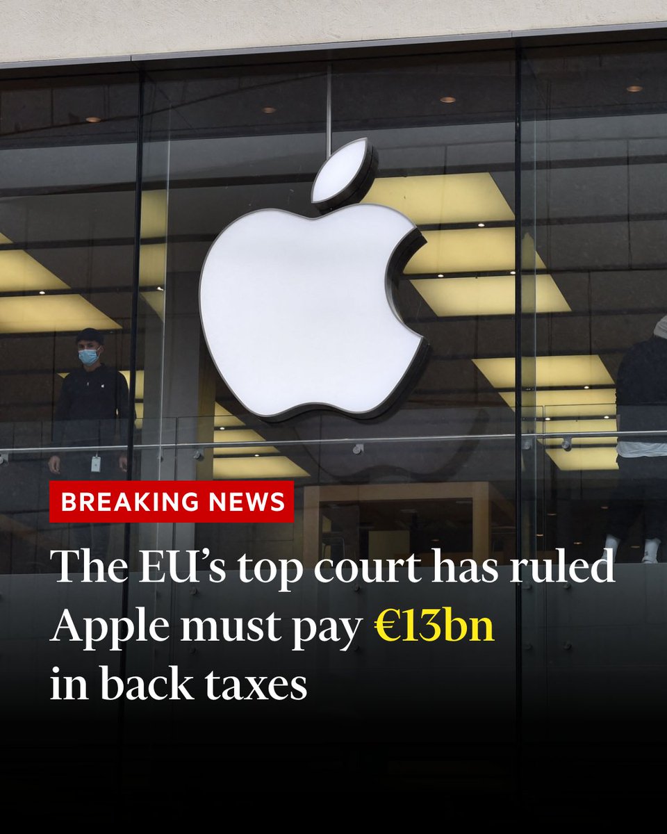 Breaking news: Apple has suffered a significant defeat after the EU’s top court ruled that the iPhone maker must pay €13bn in back taxes, overturning an earlier decision in the Big Tech group’s favour on.ft.com/4cXTSRl