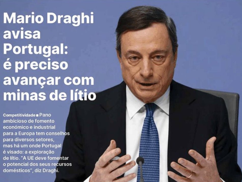 Mário Draghi tem razão. Não podemos querer beneficiar de carros elétricos e ficar à espera que o lítio venha de outros países. Portugal tem a 8ª maior reserva de lítio do mundo e tem de tirar partido dela, com as devidas preocupações ambientais.