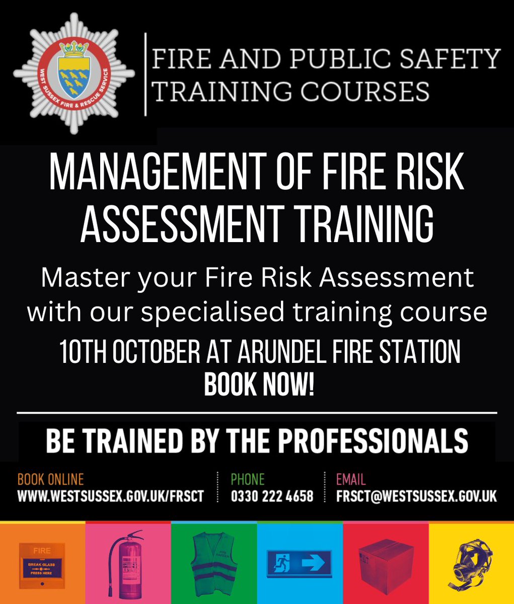 WSFRSTraining's tweet photo. Learn the principals of the five-step risk assessment along with key legislation and guidance for managing your fire risk assessment process.

Head to our website to find out more and book your place on our next course taking place on 10th October at Arundel Fire Station. https://t.co/rVsuL82ff7