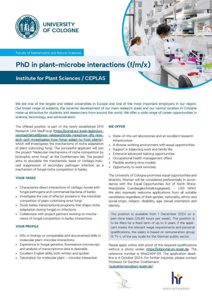 New PhD position in plant-microbe interactions!
Our newly established DFG Research Unit "MadFungi" will study mechanisms of competition in plant-colonizing fungi: portal.uni-koeln.de/en/universitae…

Within MadFungi, our lab is offering a PhD position:
jobportal.uni-koeln.de/ausschreibung/…