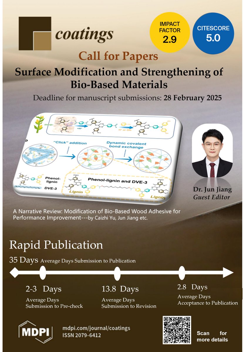 Coatings_MDPI's tweet image. #CallforPapers 🔔🔔🔔

📖 Surface Modification and Strengthening of Bio-Based Materials

📌 Submit here 👉 t.ly/ApvM6
📆 Deadline: 28 February 2025

#ecofriendlymethods #multifunctions #specialissue #openforsubmissions #openaccess #mdpi #coatings