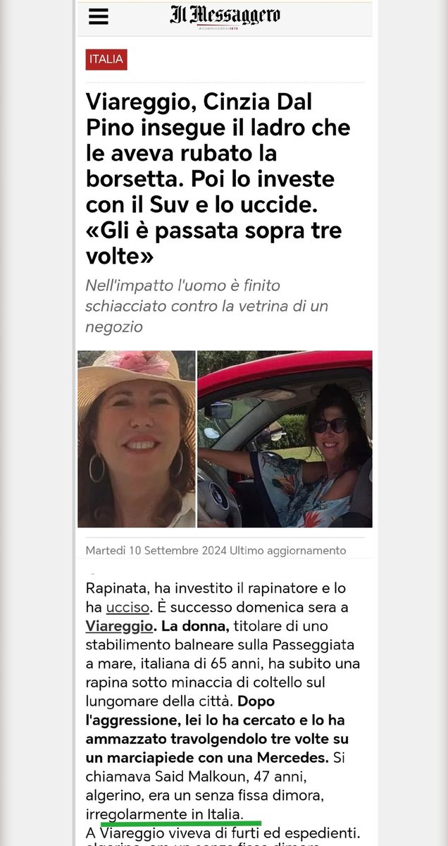 Nessuna giustificazione per la signora.

Ma non santificate l'algerino, delinquente abituale, che aveva appena commesso un furto.

Ah, ovviamente irregolare..

#viareggio