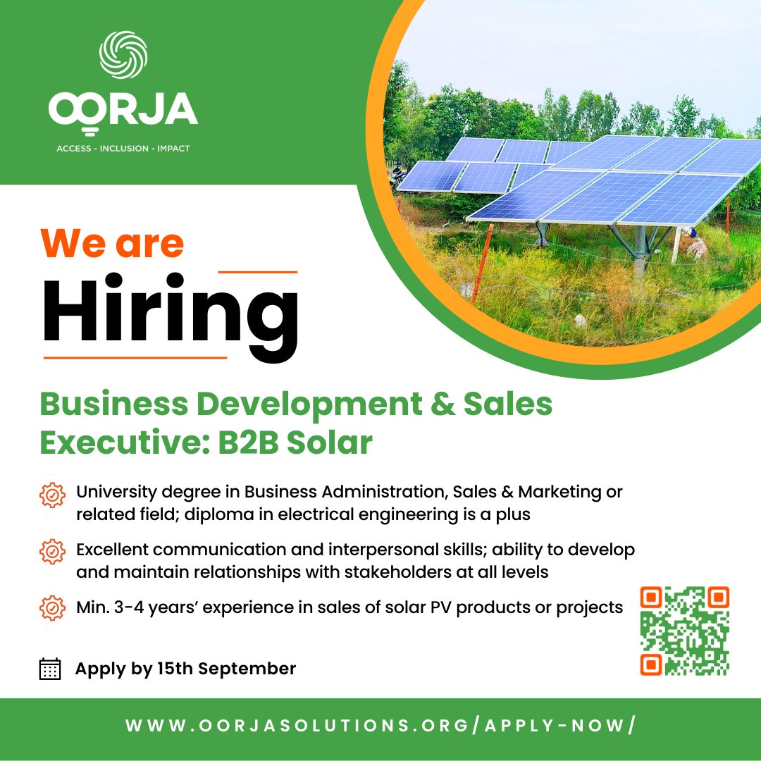 We’re Hiring! Join Oorja as a Business Development &amp; Sales Executive for our new B2B Solar business!🌞

🚀Full JD: rb.gy/wvzc18
🗓 Apply by 15th Sept: oorjasolutions.org/apply-now/