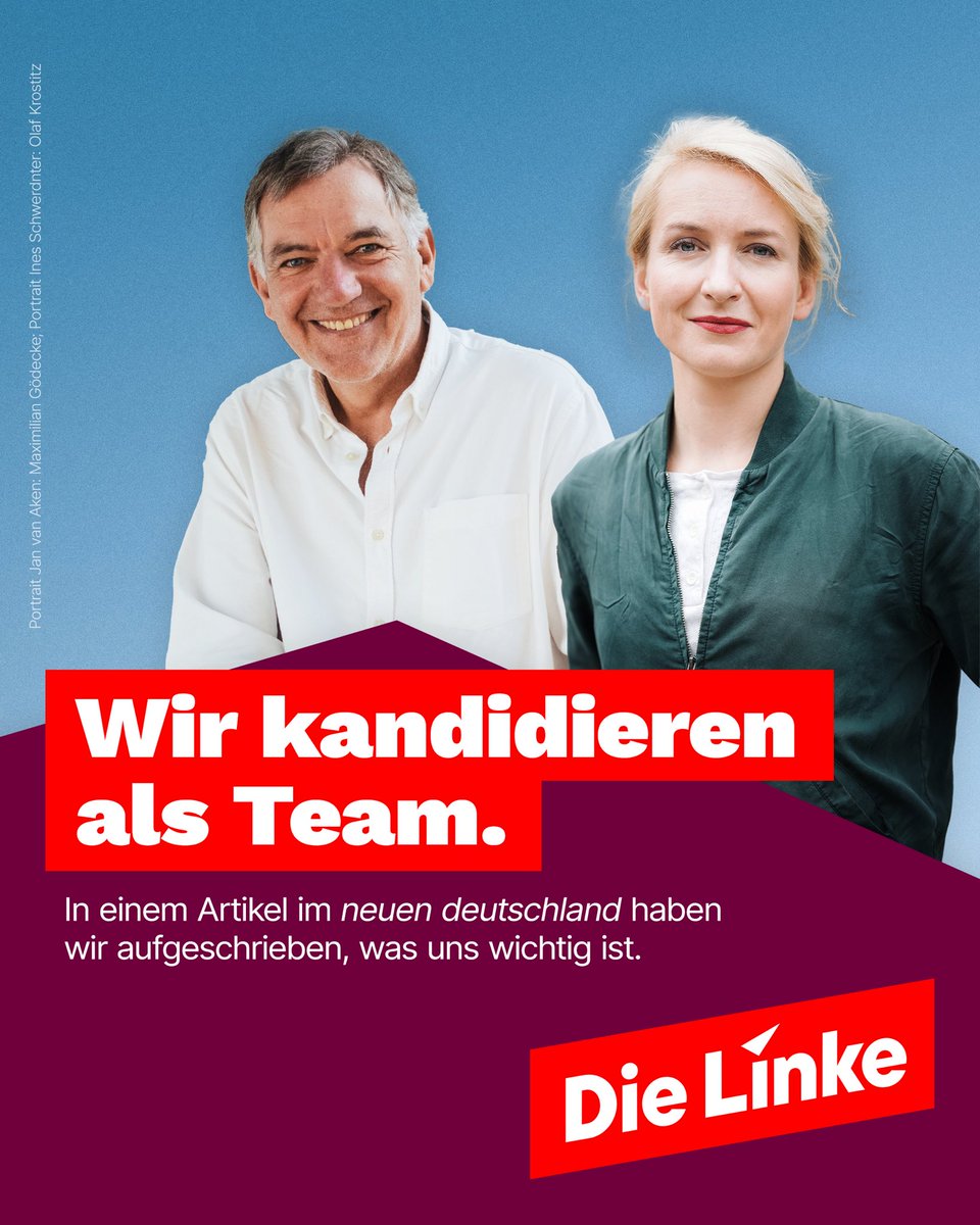 inesschwerdtner's tweet photo. Ab heute kandidieren @jan_vanaken und ich als Team für den Parteivorsitz.

In diesem Text im @ndaktuell stellen wir gemeinsame strategische und inhaltliche Linien vor, damit die Linke wieder eine gesellschaftliche prägende Kraft wird 👇

https://t.co/OYm8prL5g4 https://t.co/03WaBMoLBf