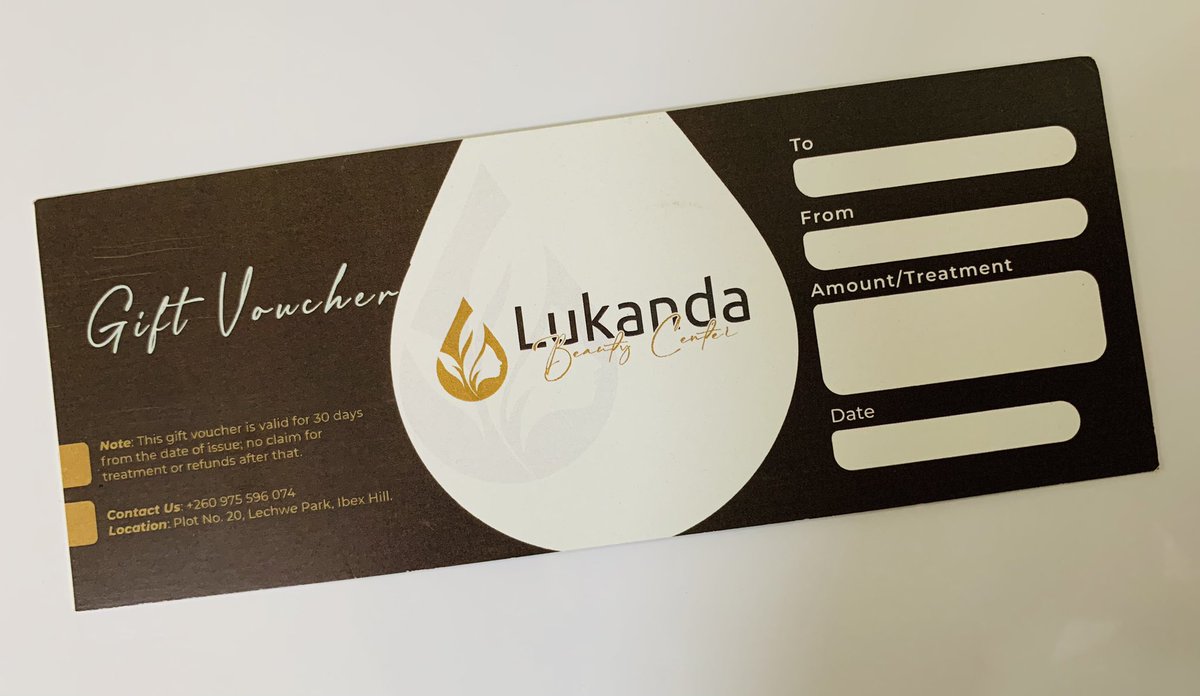 Searching for the perfect gift? 🎁 Spoil your loved one with a Lukanda Beauty Center Day Spa Gift Voucher! 🌸 Perfect for any occasion.

Buy online at lukandabeautycenter.com/booking, call +260 97 5596074, or visit us in-store!
 #GiftIdeas #SpaDay #Relaxation