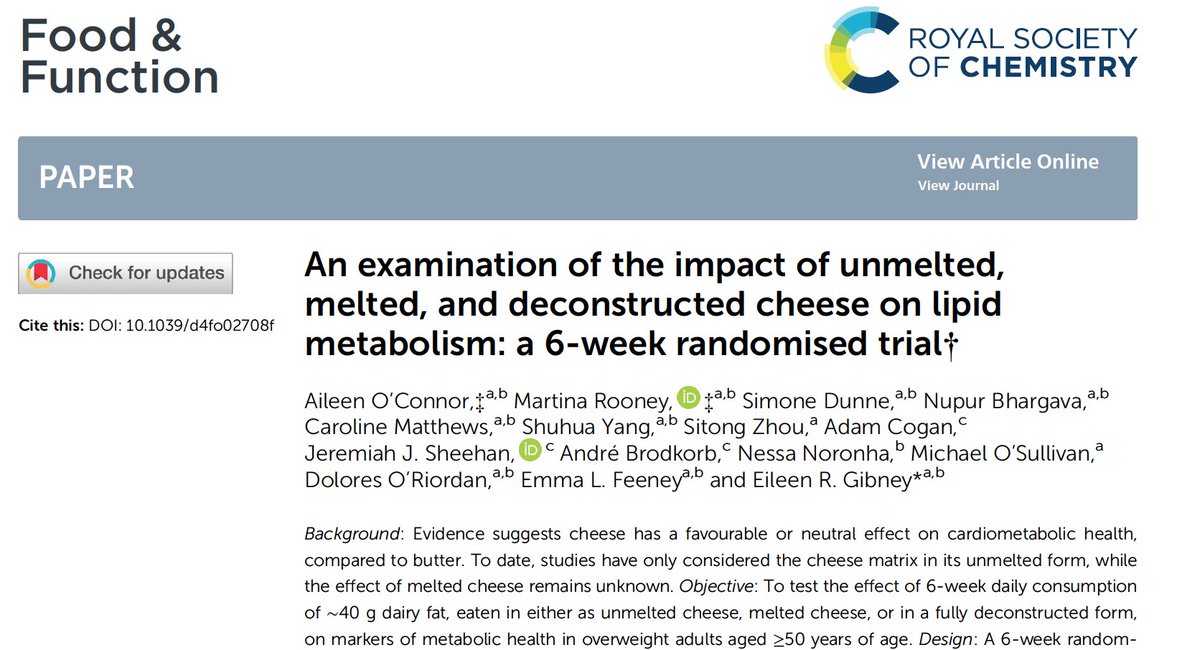 Martina Rooney PhD RD (@martina_rooney_) on Twitter photo 🧀🫀The latest evidence in support of the dairy matrix investigates the effect of cheese form on cardiometabolic health, i.e., what happens when you melt cheese? 🧀🫀
📲Open Access Link: rsc.li/3AZ2zNY
<a href="/fhi_tweets/">Food for Health Ireland</a> <a href="/ucdagfood/">UCD School Ag & Food</a> <a href="/UCDFoodHealth/">UCDFood&Health</a> <a href="/NDC_ie/">National Dairy Council</a> <a href="/DairyCouncilNI/">Dairy Council NI</a> 🧀🫀The latest evidence in support of the dairy matrix investigates the effect of cheese form on cardiometabolic health, i.e., what happens when you melt cheese? 🧀🫀
📲Open Access Link: rsc.li/3AZ2zNY
<a href="/fhi_tweets/">Food for Health Ireland</a> <a href="/ucdagfood/">UCD School Ag & Food</a> <a href="/UCDFoodHealth/">UCDFood&Health</a> <a href="/NDC_ie/">National Dairy Council</a> <a href="/DairyCouncilNI/">Dairy Council NI</a>