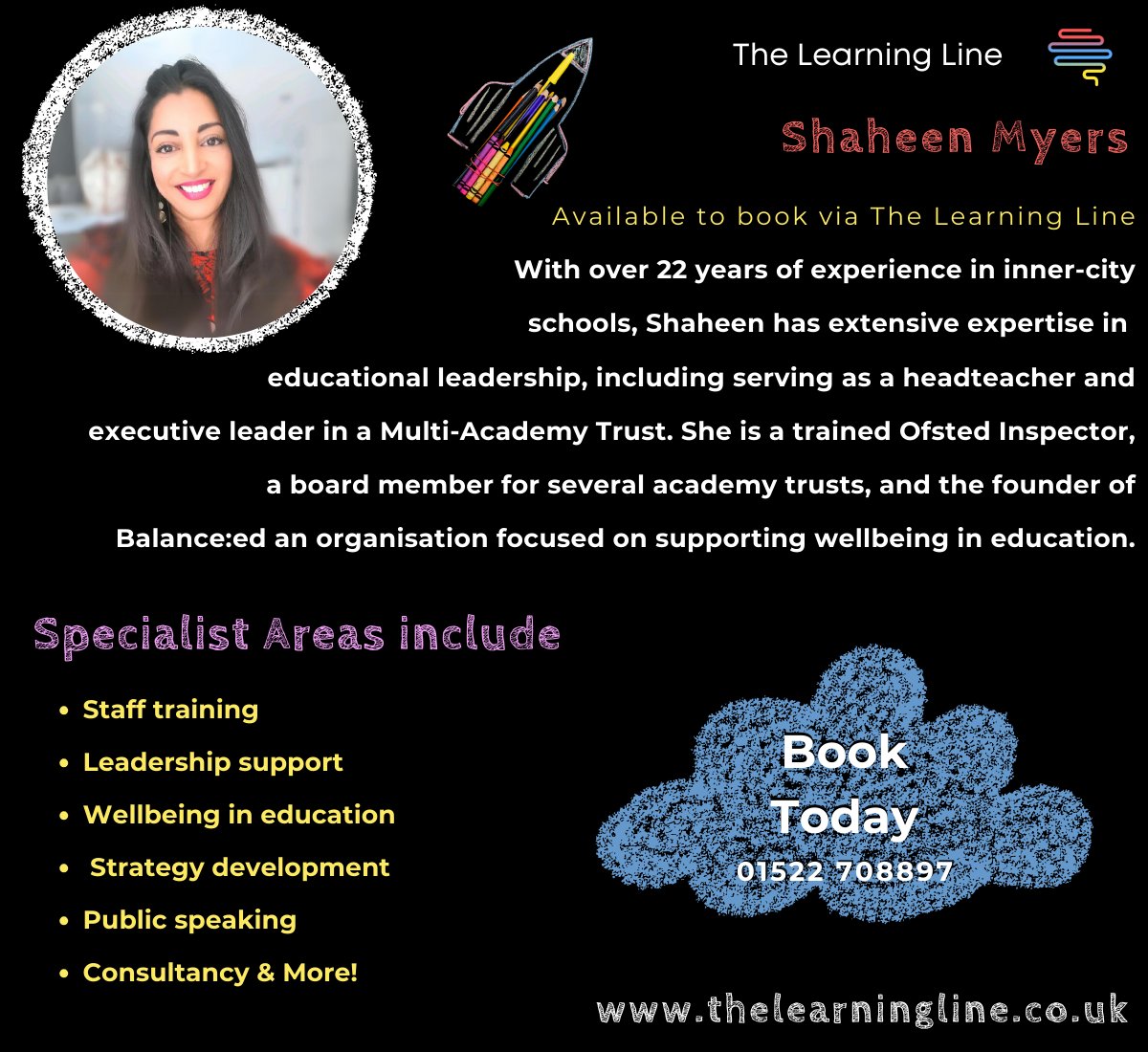 The exceptional Shaheen Myers is now available for bookings through The Learning Line, offering her expertise for conferences, CPD sessions, and keynote speeches.

#teacherwellbeing #teachertraining #CPD #Wellbeingineducation