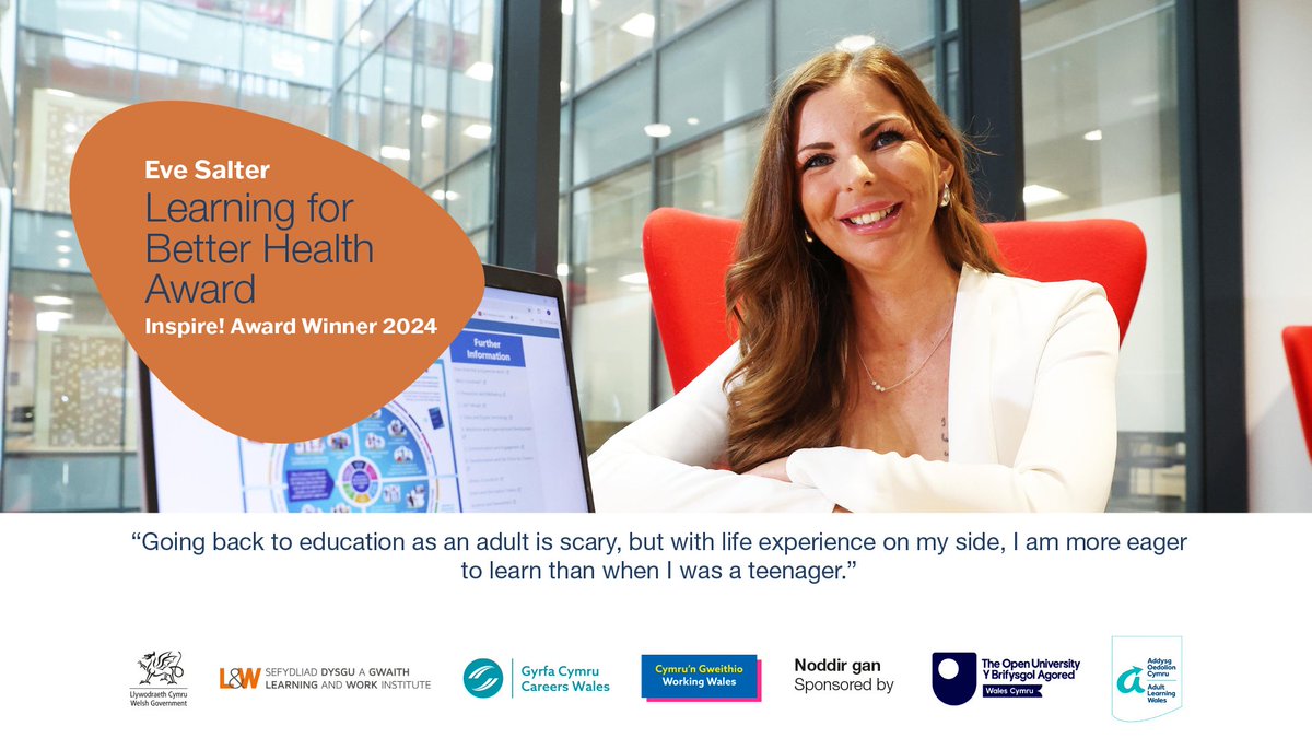 Dysgu a Gwaith Cymru | Learning and Work Wales (@learnworkcymru) on Twitter photo 📢Huge congratulations to Eve Salter, winner of the Learning for Better Health Inspire! Award category.✨🥳
Award sponsors: <a href="/OUCymru/">The OU in Wales</a> | <a href="/alwcymru/">Addysg Oedolion Cymru | Adult Learning Wales</a>
🔖Read / watch the full story:
youtu.be/yTRklb_muro
#InspireCymru24 #neverstoplearning
<a href="/CAVC/">Cardiff and Vale College | Coleg Caerdydd a’r Fro</a> <a href="/PublicHealthW/">Public Health Wales</a> 📢Huge congratulations to Eve Salter, winner of the Learning for Better Health Inspire! Award category.✨🥳
Award sponsors: <a href="/OUCymru/">The OU in Wales</a> | <a href="/alwcymru/">Addysg Oedolion Cymru | Adult Learning Wales</a>
🔖Read / watch the full story:
youtu.be/yTRklb_muro
#InspireCymru24 #neverstoplearning
<a href="/CAVC/">Cardiff and Vale College | Coleg Caerdydd a’r Fro</a> <a href="/PublicHealthW/">Public Health Wales</a>