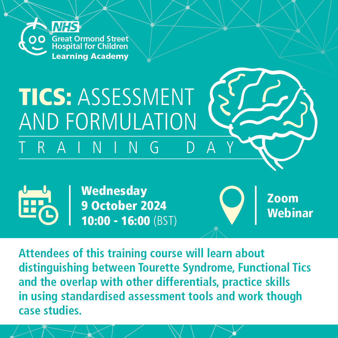 One month to go! GOSH's Tic service has launched a brand new one-day training package for clinicians who encounter young people with tics. Take a look at the timetable and join us virtually on Wednesday 9 October 2024.

Book now: courses.gosh.org/event/Tics_oct

#Tics #TouretteSyndrome