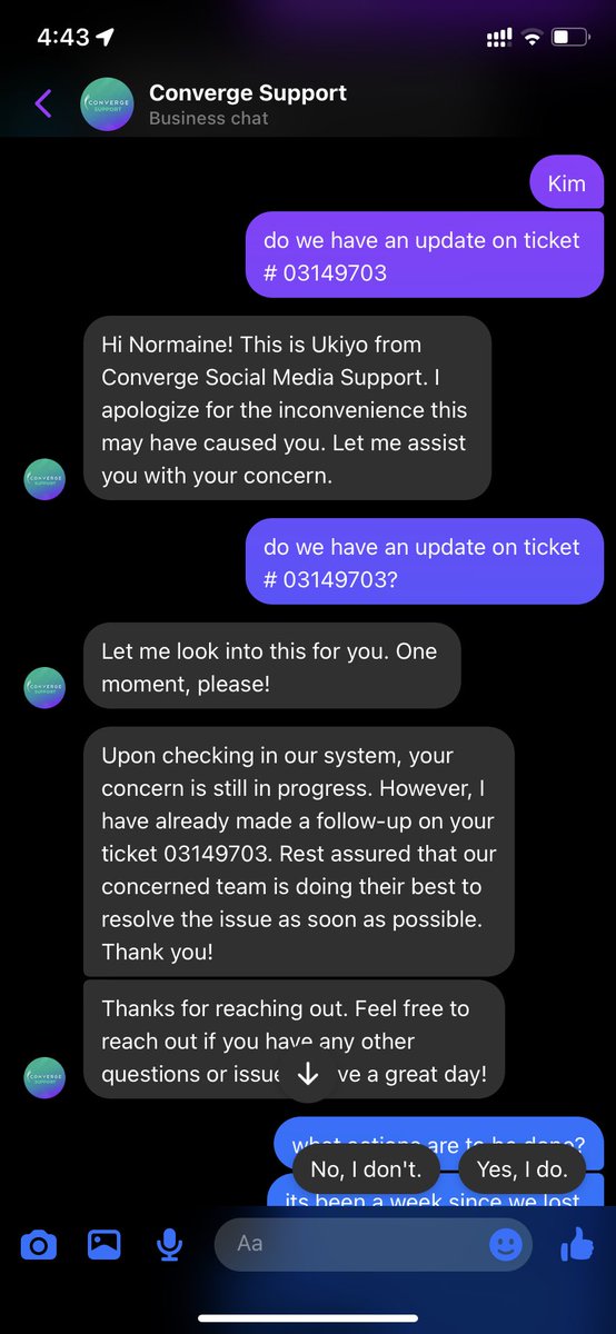 sjncart's tweet photo. @Converge_CSU What is this shit? You can clearly see theres someone handling my ticket (idk if this is a bot. bc if it is then you should fix your system, if its not, FIX YOUR SYSTEM STILL) im already talking to one person but my conversation will be cut off???? https://t.co/FMSfhlaaIL