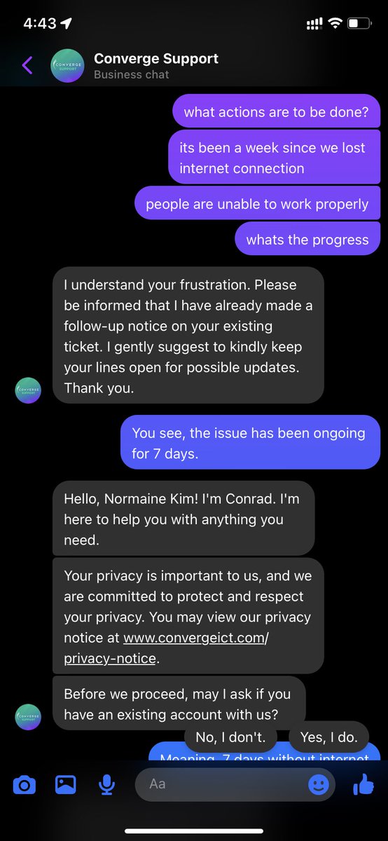 sjncart's tweet photo. @Converge_CSU What is this shit? You can clearly see theres someone handling my ticket (idk if this is a bot. bc if it is then you should fix your system, if its not, FIX YOUR SYSTEM STILL) im already talking to one person but my conversation will be cut off???? https://t.co/FMSfhlaaIL