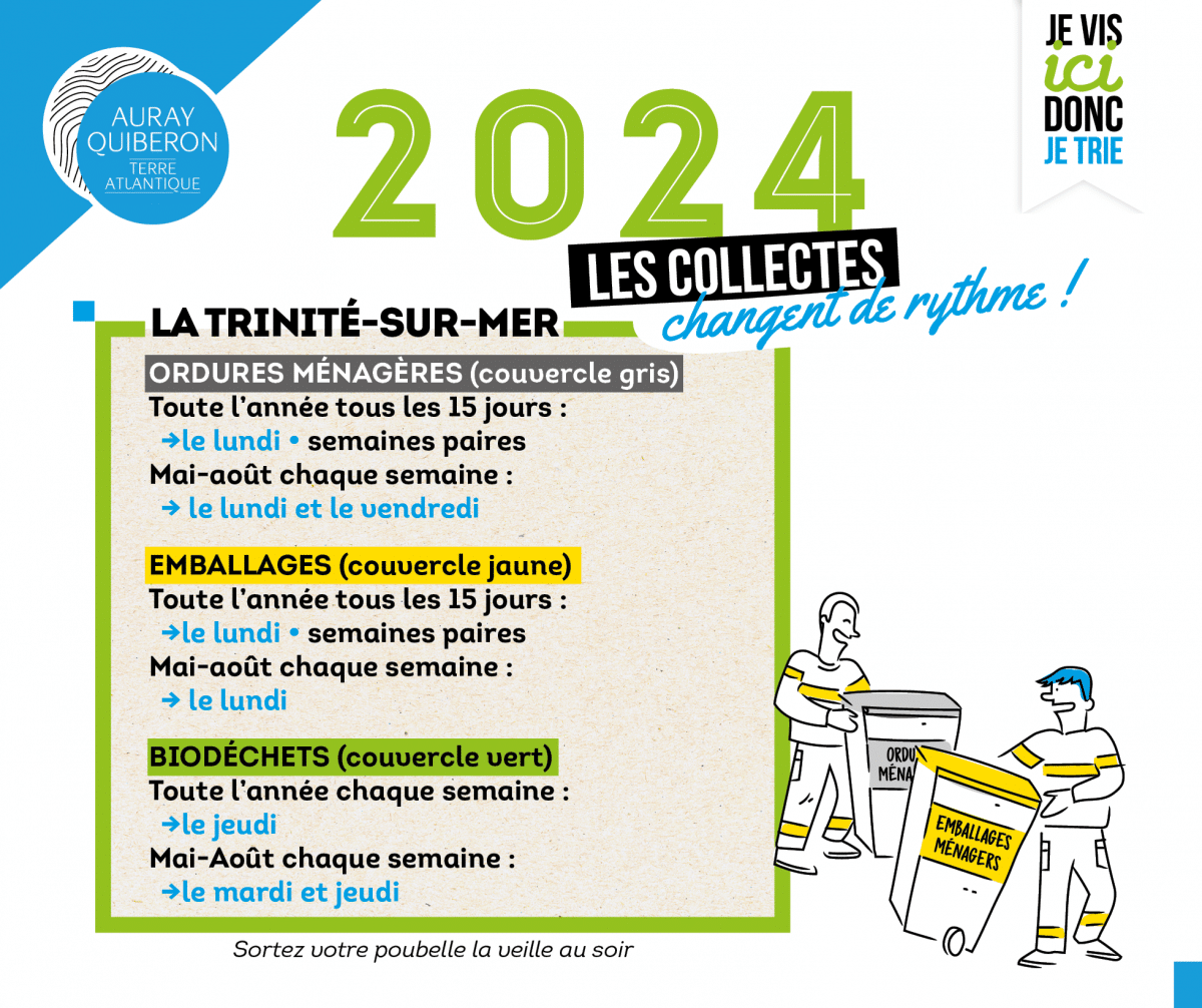 La collecte des déchets ménagers a repris son rythme hors saison : 

🗑️ Ordures ménagères - Couvercle gris
 le lundi (semaines paires) 

🟡 Emballages - Couvercle jaune
 le lundi (semaines paires) 

🟢 Biodéchets - Couvercle vert
 le jeudi (toutes les… dlvr.it/TD364p