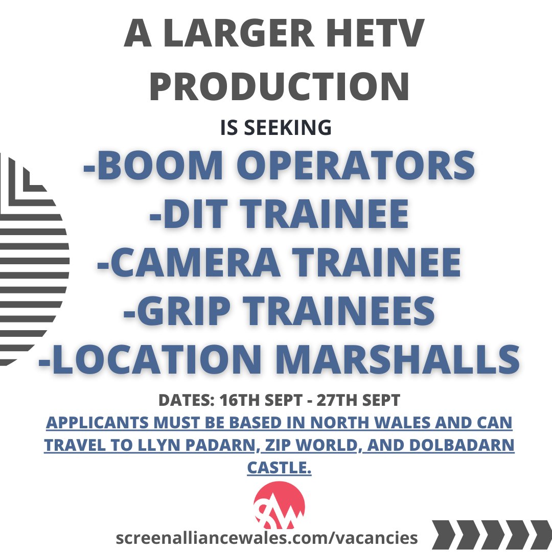 A larger HETV Production is currently seeking:
✨Boom Operators
✨DIT Trainee
✨Camera Trainee
✨Grip Trainees
✨Location Marshalls

Snowdonia between the 16-27 Sept
Local based crew who can easily get to Llyn Padarn, Zip World, and Dolbadarn Castle.

🔗screenalliancewales.com/vacancies