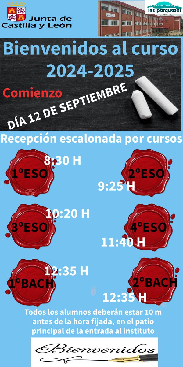 Aquí tenéis el horario de recepción por cursos para el día 12! Recordad que tenéis que estar con antelación y puntuales!! Nos vemos 👋🏼