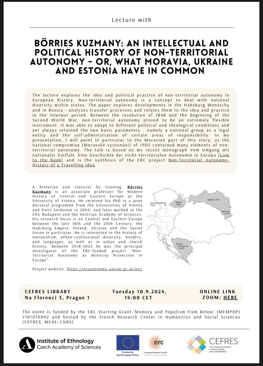 📅 Today at 14:00 (CET)!  
Join Börries Kuzmany’s lecture: *"What Moravia, Ukraine, &amp; Estonia have in Common: A History of Non-Territorial Autonomy."*
Hosted by @Cefres &amp; Institute of Ethnology. 
📍CEFRES Library or via Zoom: 
💻 ID: 882 8705 1005 
🔑 Passcode: 722286 
#MEMPOP