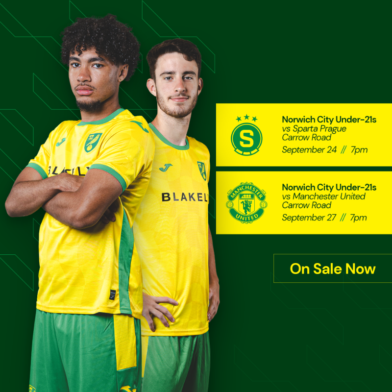 NorwichCityAcad's tweet photo. 🎟 Tickets are still available for our fixtures at Carrow Road against Sparta Praha and Manchester United.

Get yours now and watch the next generation of Norwich City players! 👇