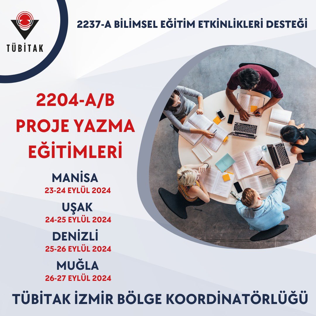 2204-A/B Lise ve Ortaokul Öğrencileri Araştırma Projeleri için Proje Yazma Eğitimleri serisi başlıyor! İzmir Bölge Koordinatörlüğü tarafından düzenlenen eğitimler için ayrıntılı bilgiyi ilgili il millî eğitim müdürlüklerinden alabilirsiniz. <a href="/Tubitak/">TÜBİTAK</a> <a href="/TubitakBIDEB/">TÜBİTAK BİDEB</a> <a href="/onur_donmez/">Onur Dönmez</a>