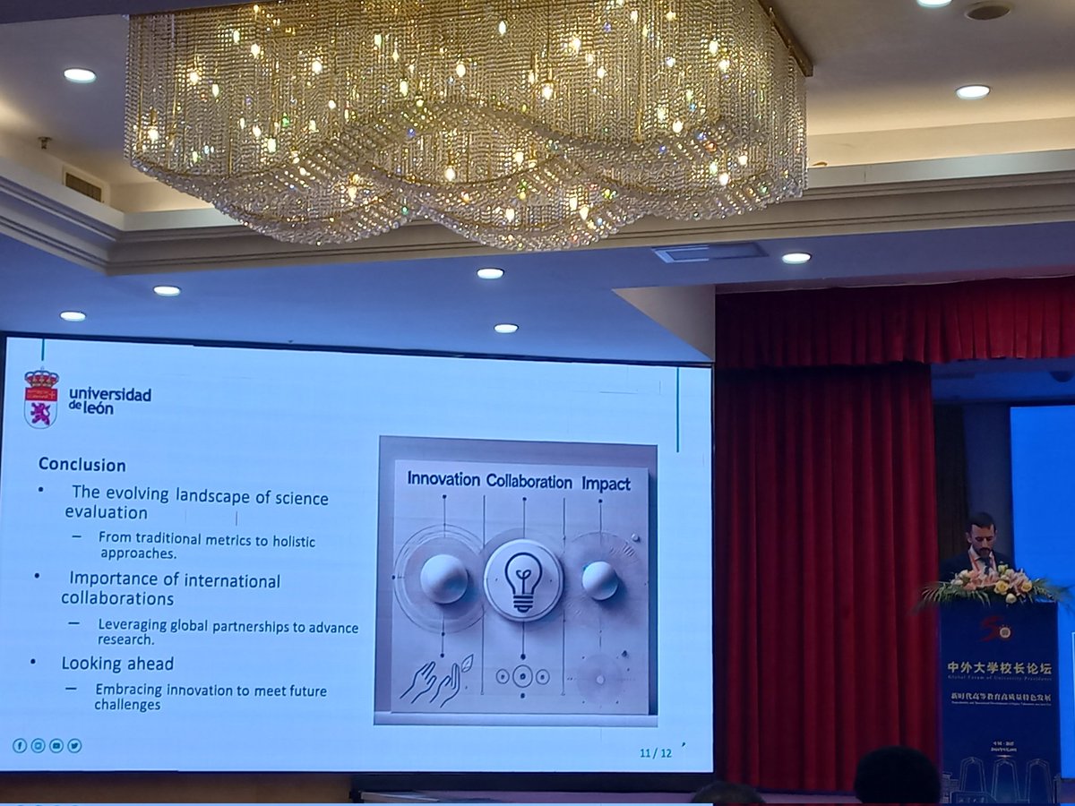 Now is the turn for the <a href="/unileon/">Universidad de León</a>, where Vicerector <a href="/jabenitez88/">José Alberto Benítez-Andrades</a> presents "Innovative Science Evaluation: Current Best Practices in Euroepean Research" at the Global Forum of University Presidents at #XiangtanUniversity in #China
# InternationalCollaboration 
# HolisticApproaches
