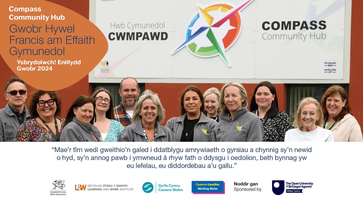 LearnWorkCymru's tweet image. 📢Llongyrchiadau enfawr i Hyb Cymunedol Cwmpawd @CompassComHub enillwyr Gwobr Hywel Francis am Effaith ar y Gymuned.✨🥳

Noddwr y wobr: @OUCymru 
 
🔖Darllen / gweld y stori lawn:
youtu.be/Rs4IJND1hRA
 
#InspireCymru24 #paidstopiodysgu