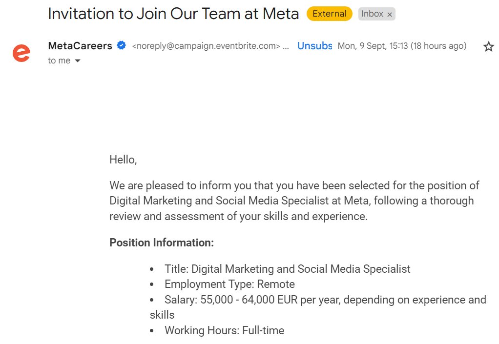 pidmyster's tweet photo. Hi @eventbrite, I've received a fake email from noreply@campaign.eventbrite.com digitally signed, DKIM &amp; SPF passed purporting I've landed a job at Meta I'm not qualified for or applied for. Tried your website, but no easy way to contact you as is the norm these days https://t.co/613tEL6eEL