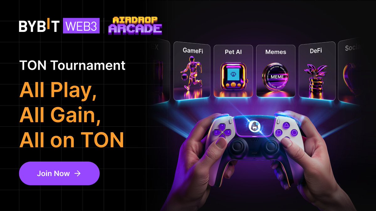 Alpha_Bybit's tweet photo. Phase 2 of #TONTournament is here! 🚀
 
The largest @ton_blockchain ecosystem airdrop event, with rewards worth $200,000, is waiting for you on #AirdropArcade. Now featuring a total of 14 TON projects! 🎉
 
🎮 Play for your rewards now ➡️ https://t.co/qYZ2NDmVel
 
Complete simple tasks and earn airdrop rewards from @Yescoin_Fam, @Metaoasis_, @outaxyz, @wall_jetton, @CatizenAI, @ston_fi, @dedust_io, @TonGiftsbot, @JetTonGames, @tg_frog, @FantasyFanton, @TRUExWorld, @evaaprotocol, and @storm_trade_ton!

#BybitWeb3 #AirdropArcade #TONTournament